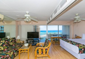 One-Bedroom Deluxe (Renovated) Unit with a view of the Duke Kahanamoku Lagoon and Waikiki Beach