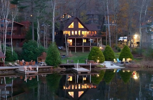 Drums Cabin | Family-friendly lakefront cabin/chalet with incredible views, private beach, lakeside firepit, boats, hot tub, multiple game rooms, and more