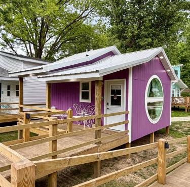 Purple Tiny Home With Fire Pit and Nature