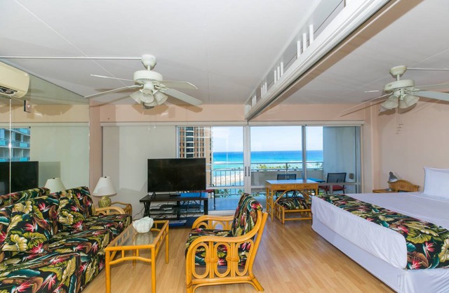 One-Bedroom Deluxe (Renovated) Unit with a view of the Duke Kahanamoku Lagoon and Waikiki Beach